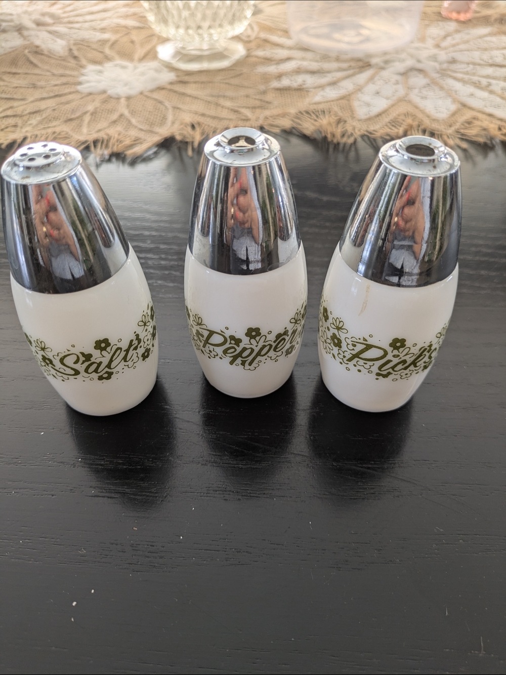 Vintage Gemco White and Olive Green Salt, Pepper, and Picks Shakers Set